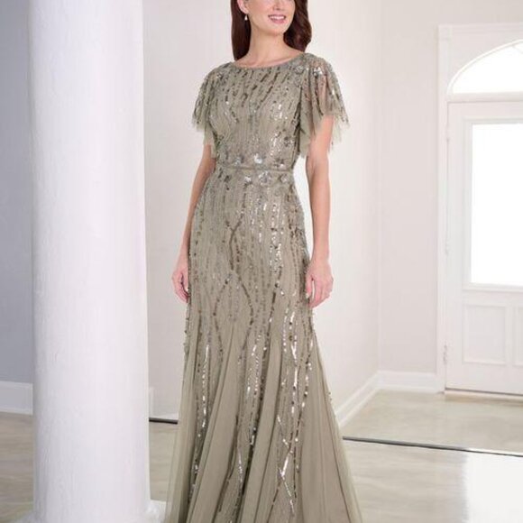 Sage gown with sequin curves, floral waist, flutter sleeves...